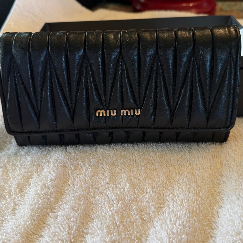 Miu Miu Black Quilted Leather Continental Wallet with Gold Logo